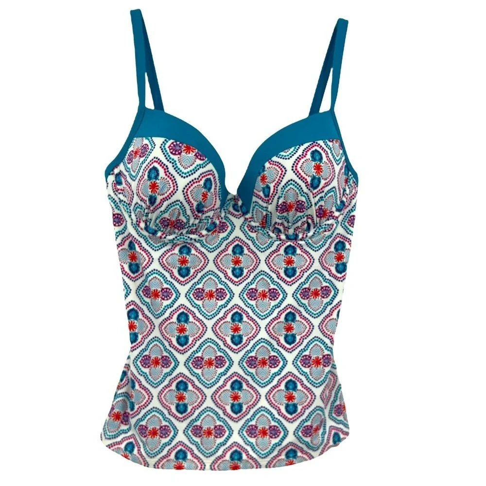 NWT’S glorious British style tankini top aqua,red and navy blue size 34DD